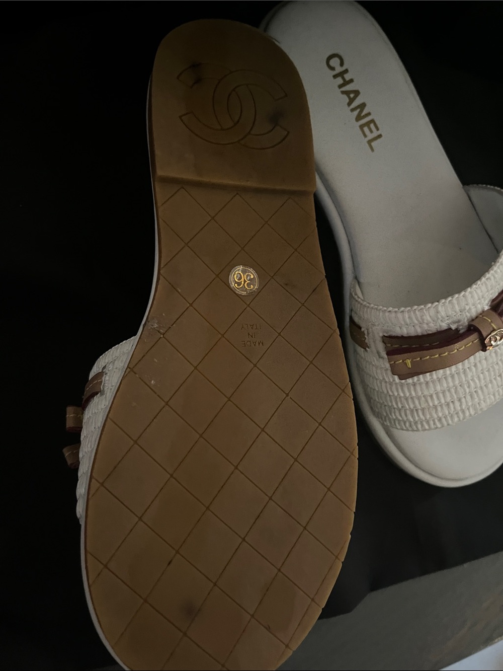 White Raffia Slide Mules with Brown Trim and Gold Accents - Picture 3 of 6